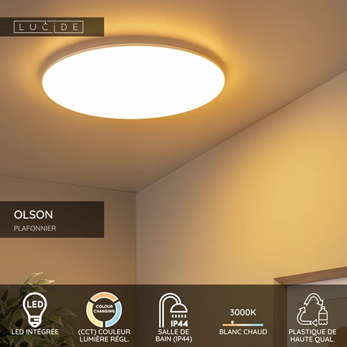 Lucide OLSON - Plafonnier Salle de bains - Ø 45 cm - LED - CCT - 1x45W 3000K/6500K - IP44 - Opalin - USP